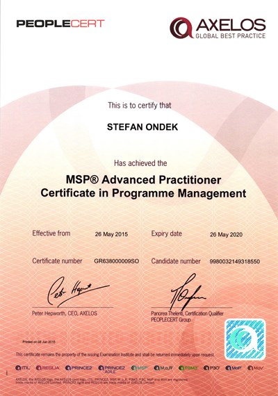 MSP Registered Advanced Practitioner Štefan Ondek certificate